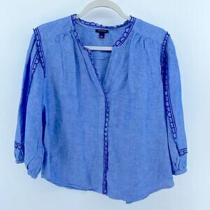 Ann Taylor chambray scalloped edge puff sleeve pullover blouse sz L